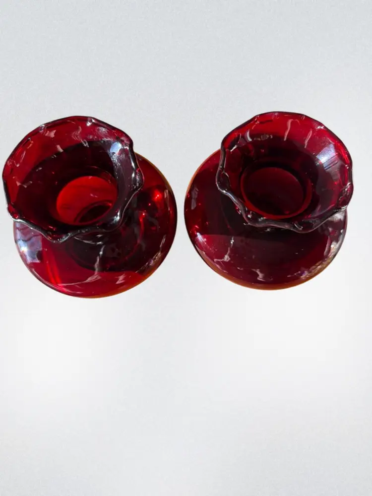 VINTAGE ANCHOR HOCKING ROYAL RUBY RED RUFFLE TOP MINATURE VASES-ONE PAIR