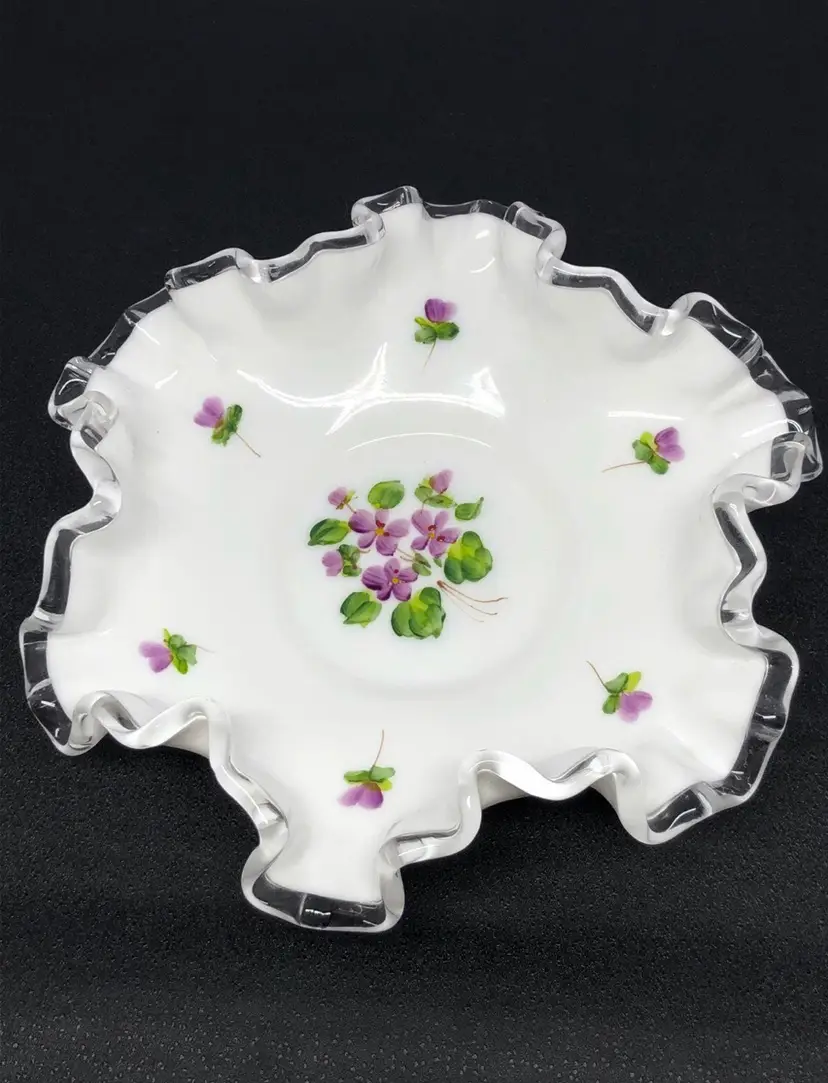 Vintage Fenton with Hand-Painted Violets Silvercrest Trinket Dish