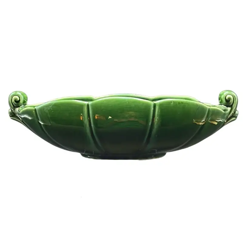 McCoy Pottery Long Scalloped Green Planter Vase with Scrolled Handles