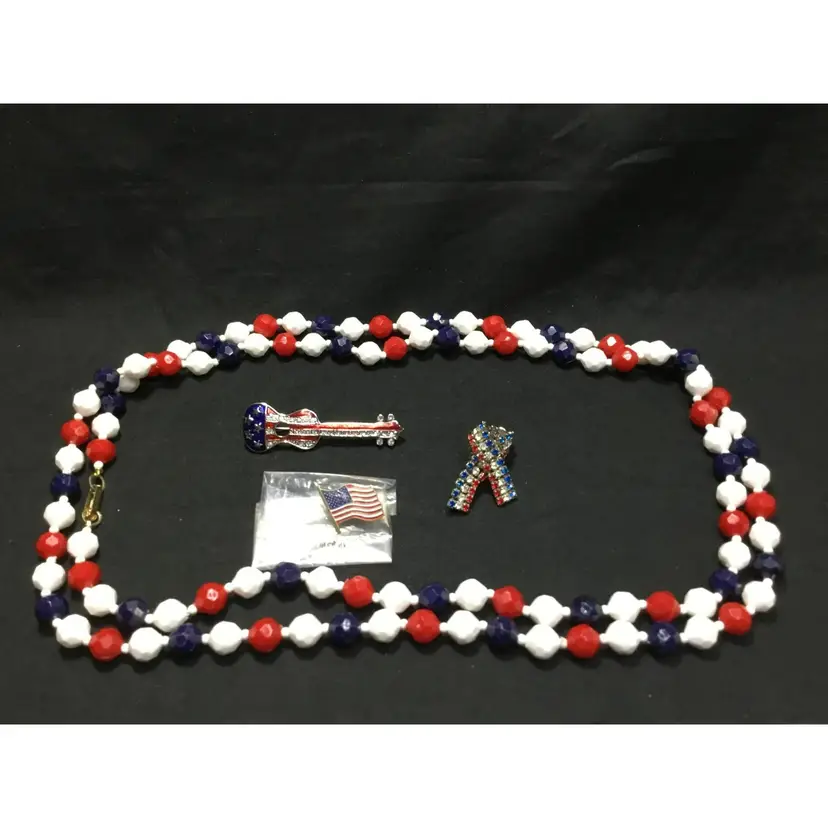 Another lot 4th of July jewelry, 3 pins, one acrylic beaded necklace 51"