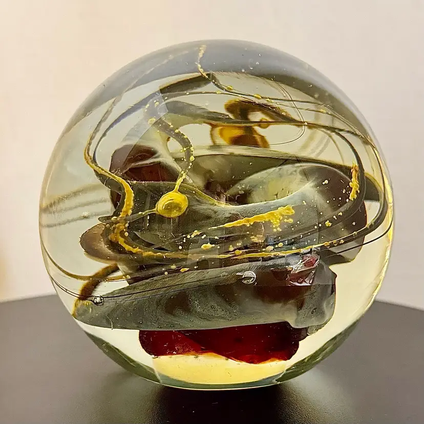 Mylon Dunlavy 1986 Jumbo Art Glass Paperweight 4x4 Signed Vintage Abstract Swirl Burgundy •Gray•Gold