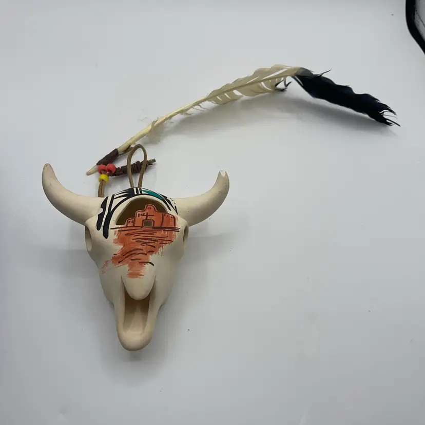 Hand Painted Southwestern Cow Skull Wall Decor 5.5”Signed Tribal Style