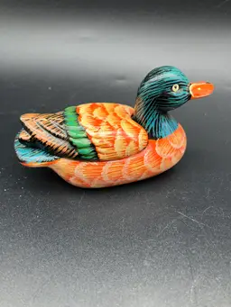 BIN - Painted Ceramic Duck Figurine And Trinket Box - 3.875”
