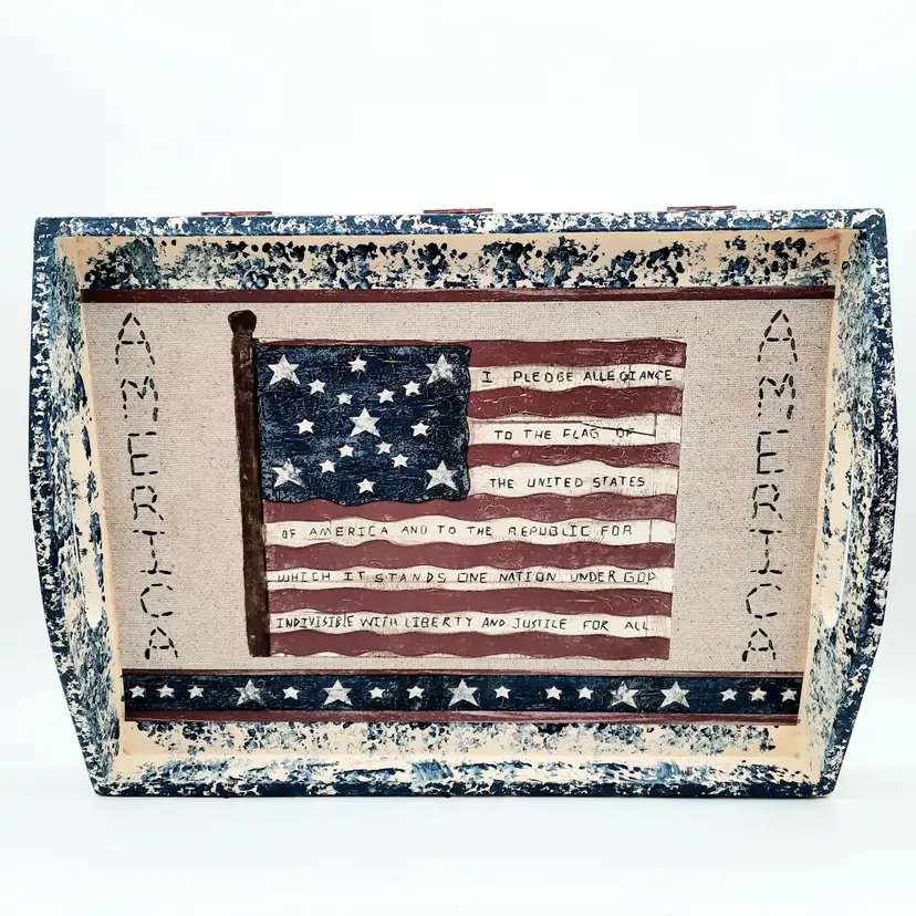 Patriotic Primitive Americana USA Flag Pledge of Allegiance Wooden Serving Tray