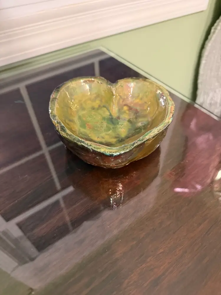 Vintage Signed Studio Pottery Heart Shaped Green, brown, copper Decorative Dish