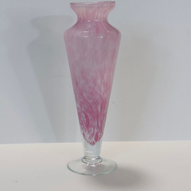 #1287 Lavorazione Murano Hand Blown Italian Cut Glass Vase Pink Swirl Encased Glass 9” Vase