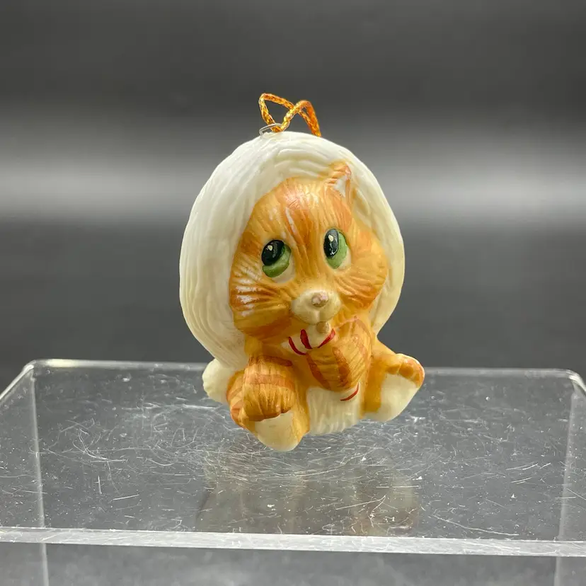 Cat Kitten Kitty in Santa Hat Hanging Christmas Ornament VTG Holiday Decor