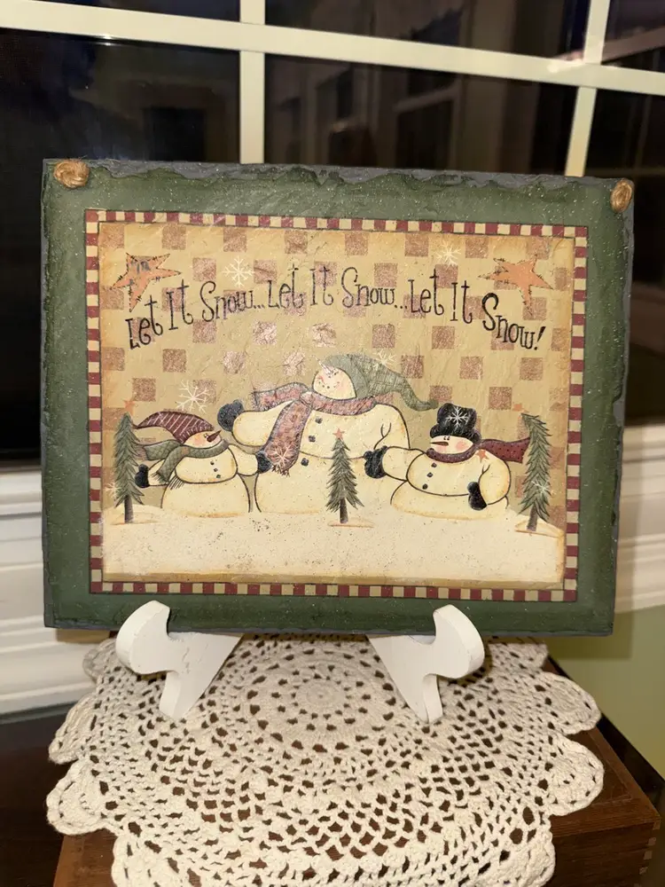 Hand Painted artwork; Wall Hanging primitive snowman "let it snow" plaque