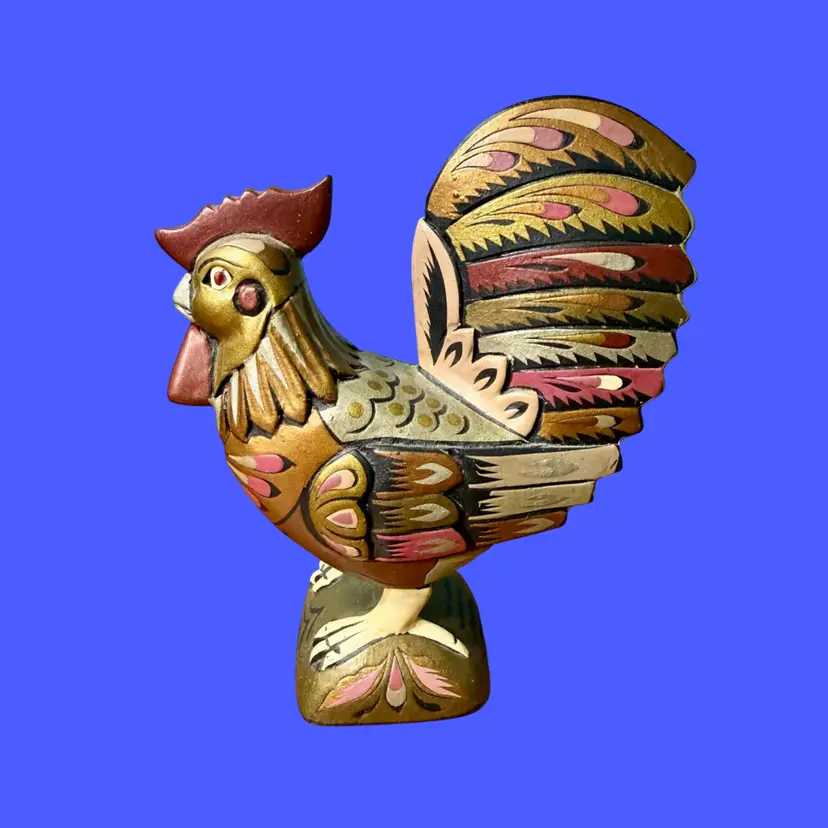 5.5” Vintage Wooden Rooster ARUBA, Carved & Painted, Rustic Farmhouse Decor