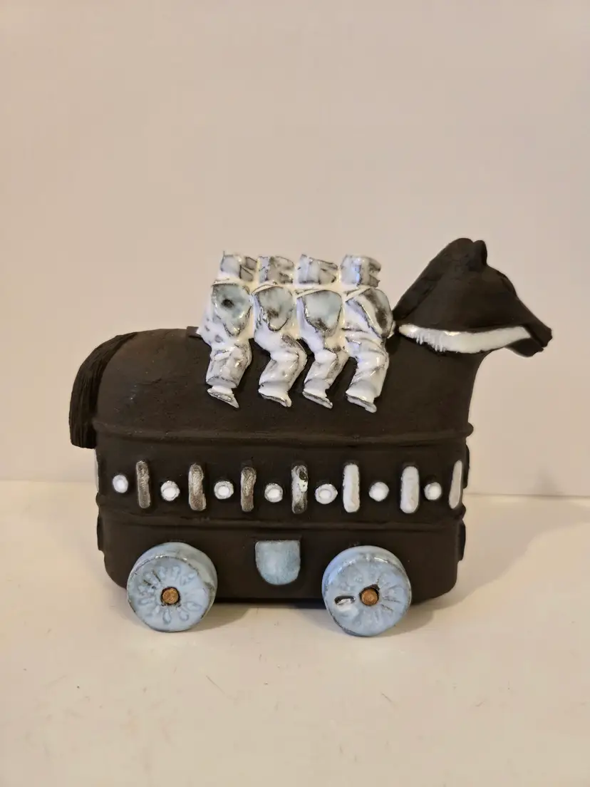 Handmade Ceramic Trojan Horse Figure with Soldiers