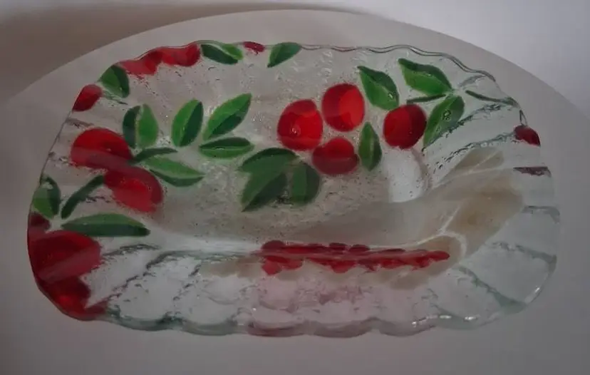 Vintage & RARE, A C Ross, Signed, Fused Art Glass, Cranberry Bog Rectangle Dish or Shallow Bowl