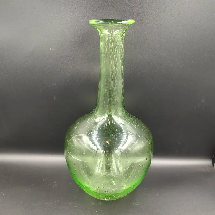 Hand Blown Bulbous Green Glass Vase