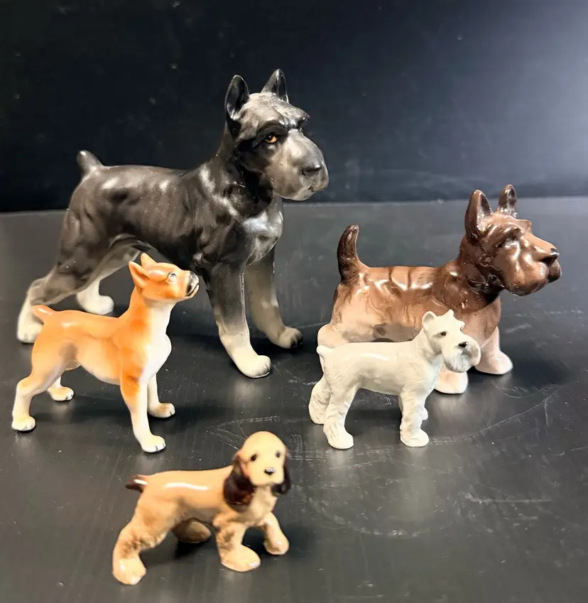 Vintage Lot Of 5  Dog  Figurine  Schnauzer, Boxer & Cocker Spaniel(HR)