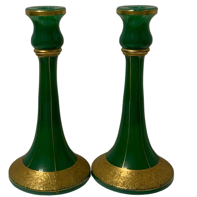 1930s Central Glass Works #2000 Jade Green 9” Candlestick Pair