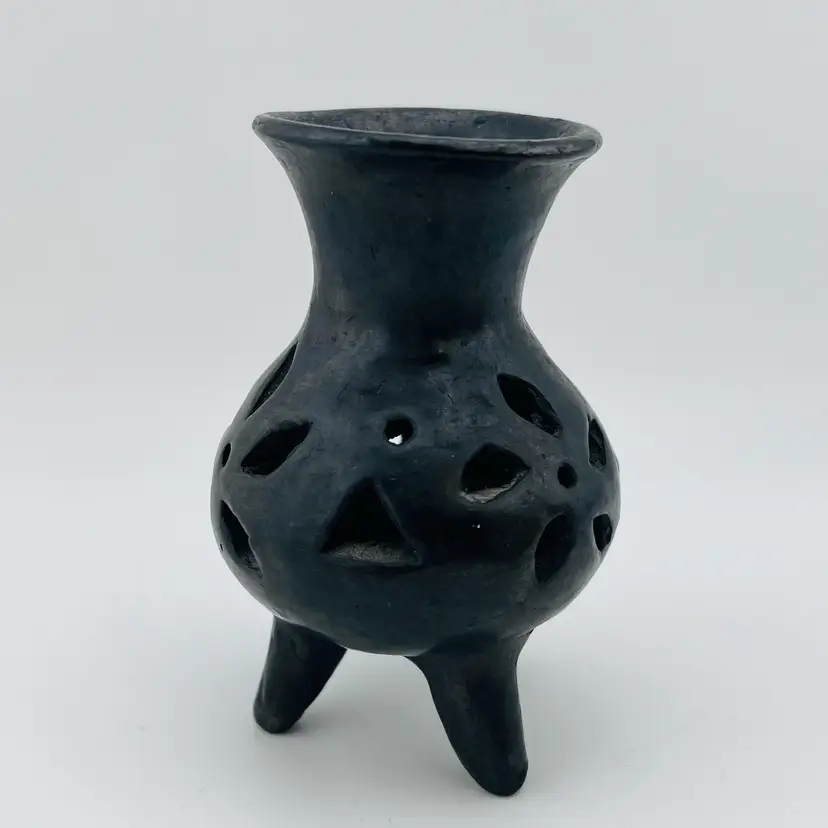 Oaxaca Mexican Black Clay Pottery Mini Chimenea With Cut Outs 4”