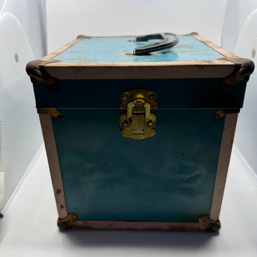 8”x9.5” Vintage Metal Train Case, Rusty Crusty- Full Of Vintage Sewing Paraphernalia- Packs If Sharps, Thimbles, Button Packs, Many Small Glass Hard Of Buttons, Pincushions, Etc