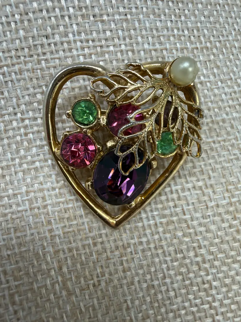 Vintage Multicolored Rhinestone Heart Brooch