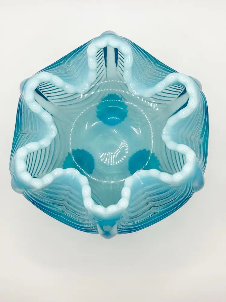 Fenton Blue Opalescent Curtain/Draped Footed Rose Bowl