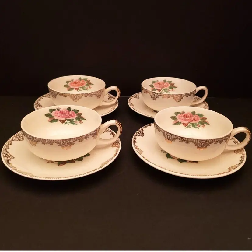 American Rose Cups Saucers Paden City Pottery Pink Roses Gold Vintage 4 sets Flowers Florals