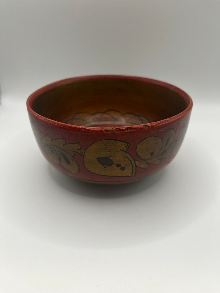 Hand Painted Wood Folk Art Bowl Russia Red Gold