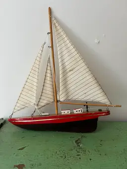 Vintage Wooden Pond Yacht Toy Sail Boat Hand Painted 12in Long