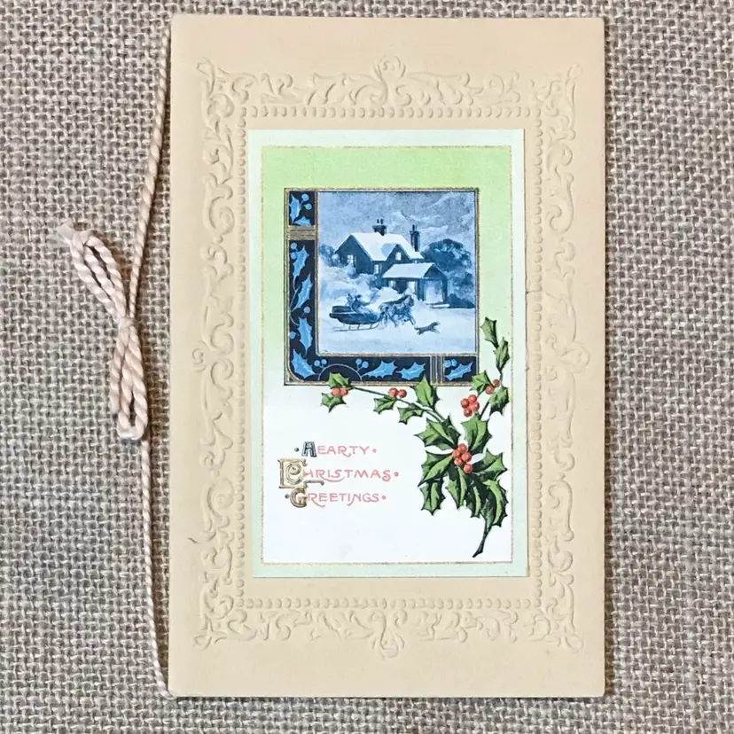 Vintage Embossed Horse Sleigh Holly Christmas Card Early 1900s Used Ephemera