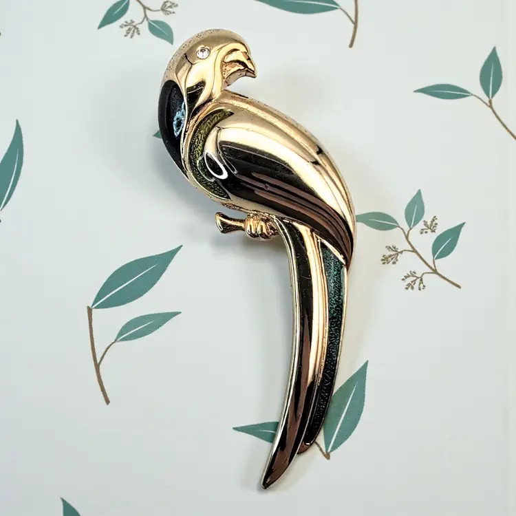 Liz Claiborne Signed LC Gold Tone Parrot Bird Teal Green Enamel Pin Brooch