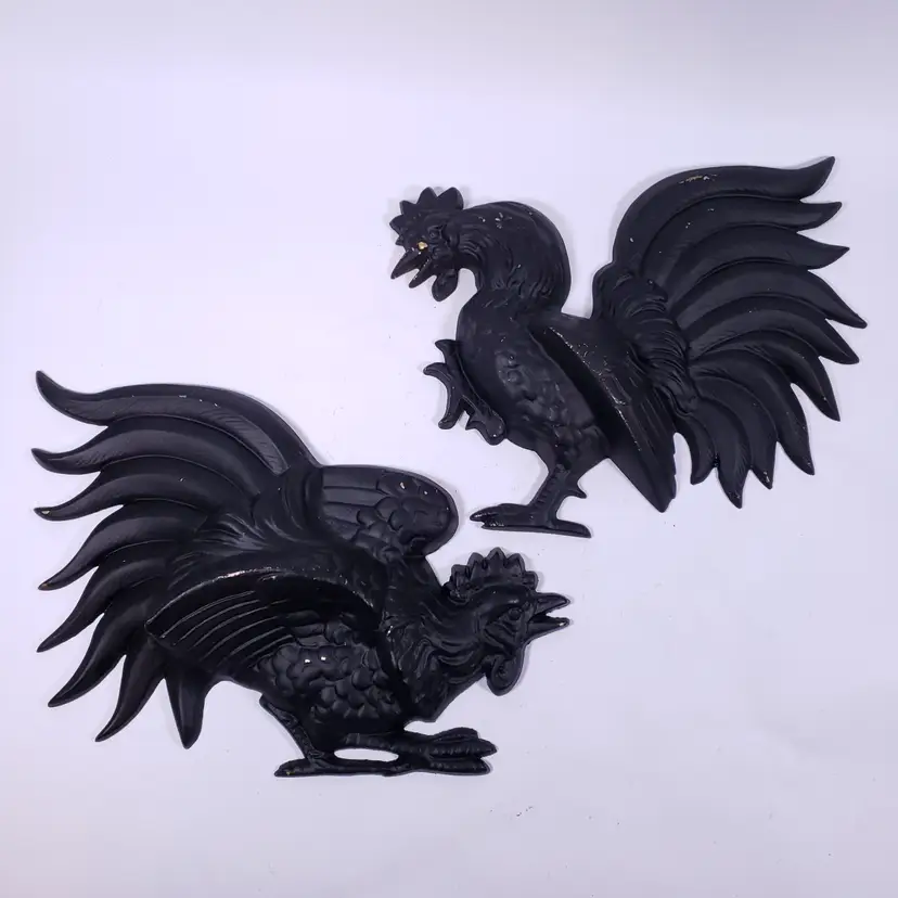 Vintage MCM HODA Black Fighting Roosters Aluminum Metal Plaque WALL DECOR SET