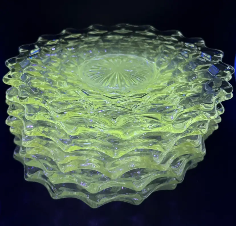 9 pc LOT: FOSTORIA American Cubist Clear Glowy Glass 8” Plates