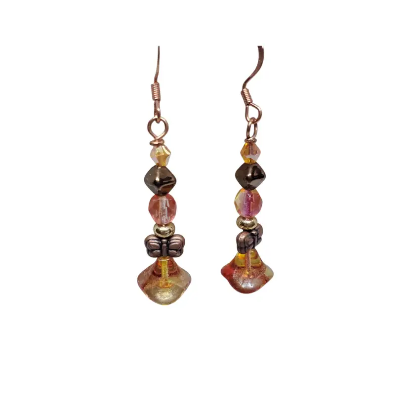 Orange PEACHY BOHO PRESSED glass and COPPER EARRINGS