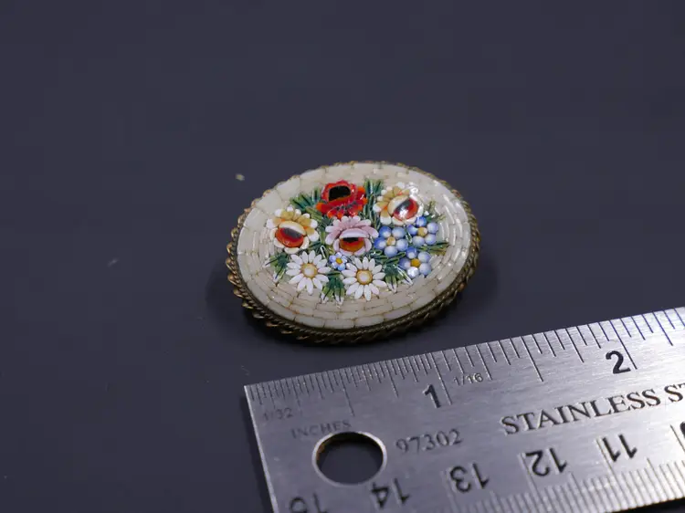 Vintage Oval Italian Micro-Mosaic Floral Pin