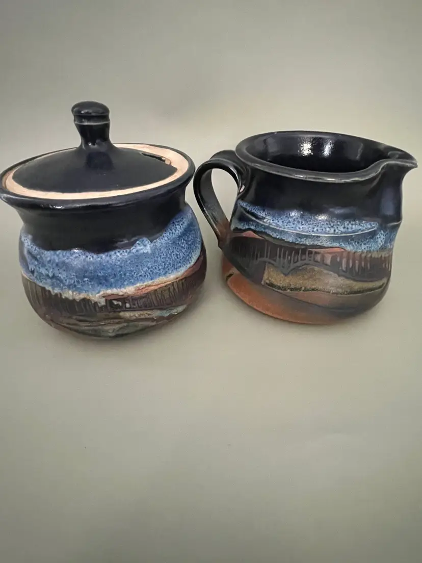 Beautiful Signed  Lidded Sugar Bowl And Creamer C McCaffery Wild Rabbit Pottery