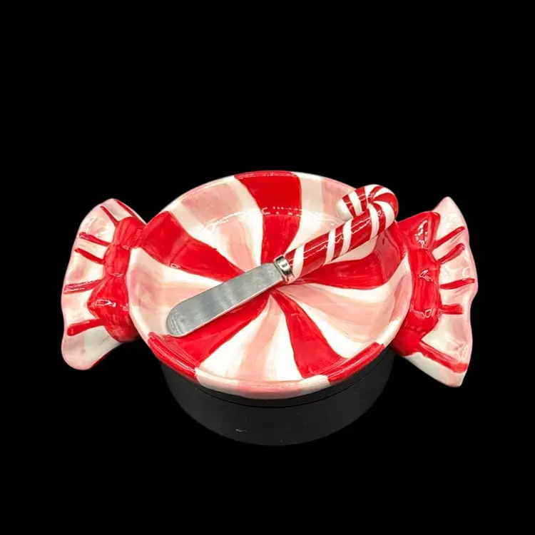Lady Jane Of California Art Craft Candy And Candy Cane Cheese/Spread Serving Dish 6 1/2”