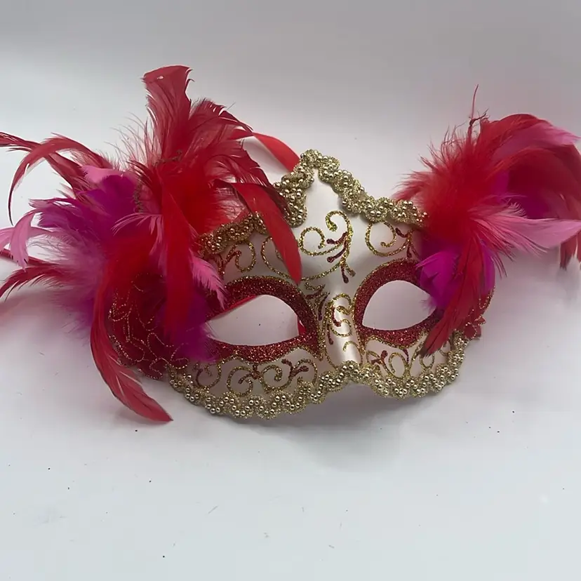 Mardi Gras Mask With Pink And Red Flowers Gold Trim