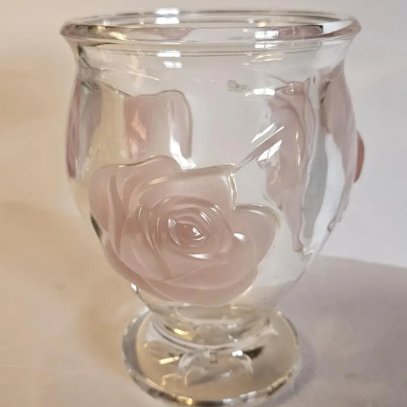 #01 - Vintage Clear Footed Vase with Raised Pink Satin Roses, Made in France for Telaflora, 6" tall x 5" wide