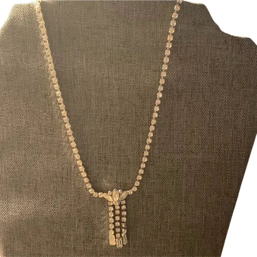 Vintage Silver Tone Clear Rhinestone Necklace With Three Cascading Dangles And Fold Over Clasp