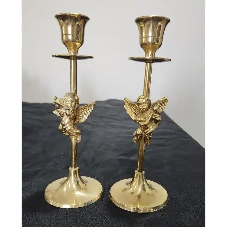 #02 Vtg. Brass Cherub Candlesticks playing instruments made in India