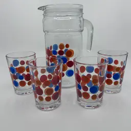 Retro MCM Polka Dot Glass Pitcher & 4 Matching Juice Glasses