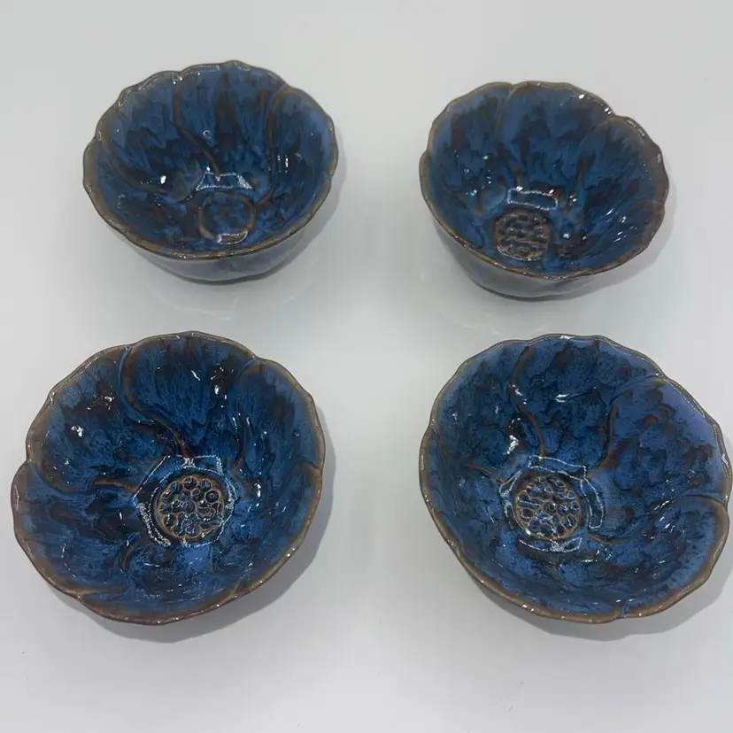 Jian Zhan Tenmoku Cups Set Of 4 Blue Glaze 3”x1.75” Lotus Flower Style