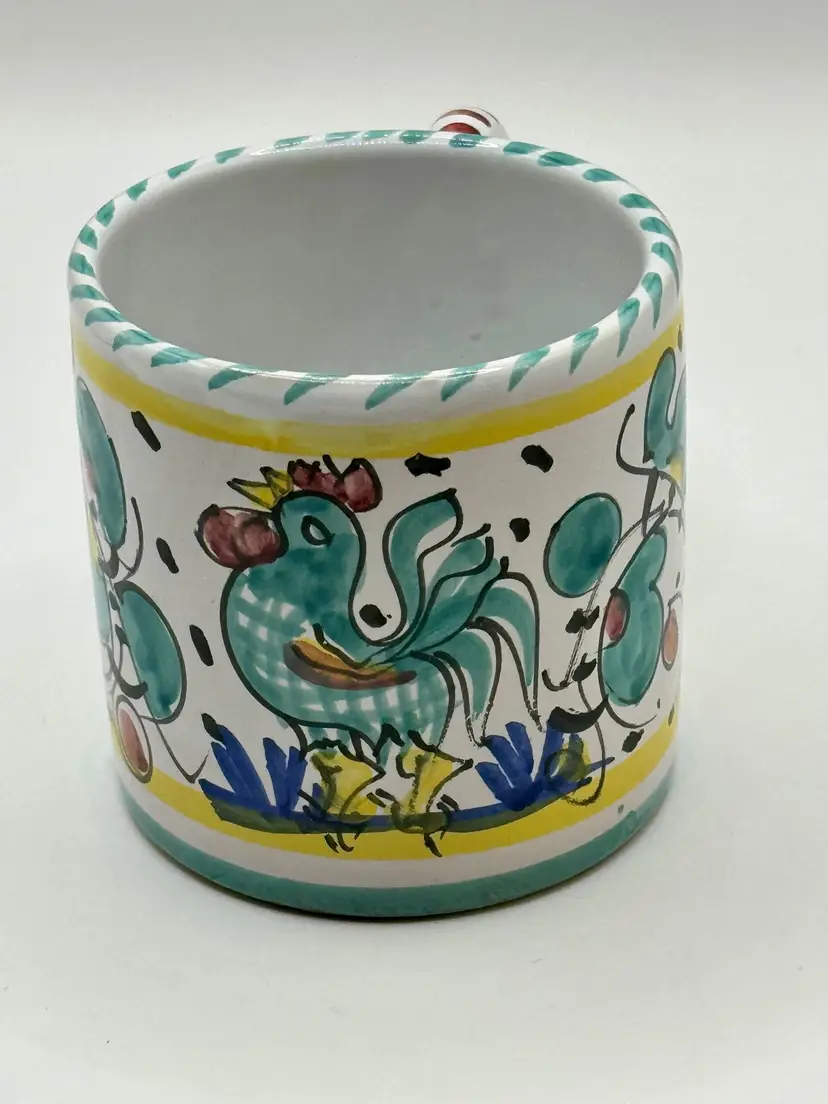 Vintage Italian Hand Painted Ceramic Rooster Coffee Mug, Colorful Folk Art Style, Vintage Kitchen Decor, By Ceramica Artistica, Made In Deruta, Italy