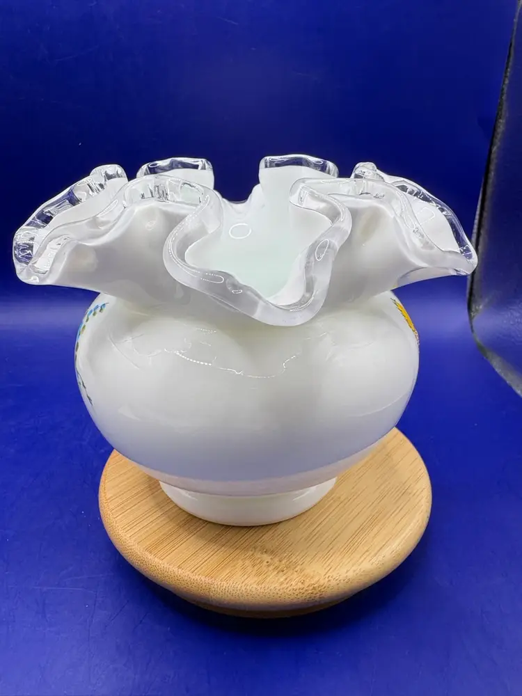 Fenton Silver Crest Ruffled Rose Bowl Hand painted And Signed