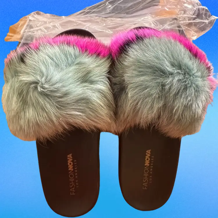 Faux Fur Fashion Nova Branded Slides 