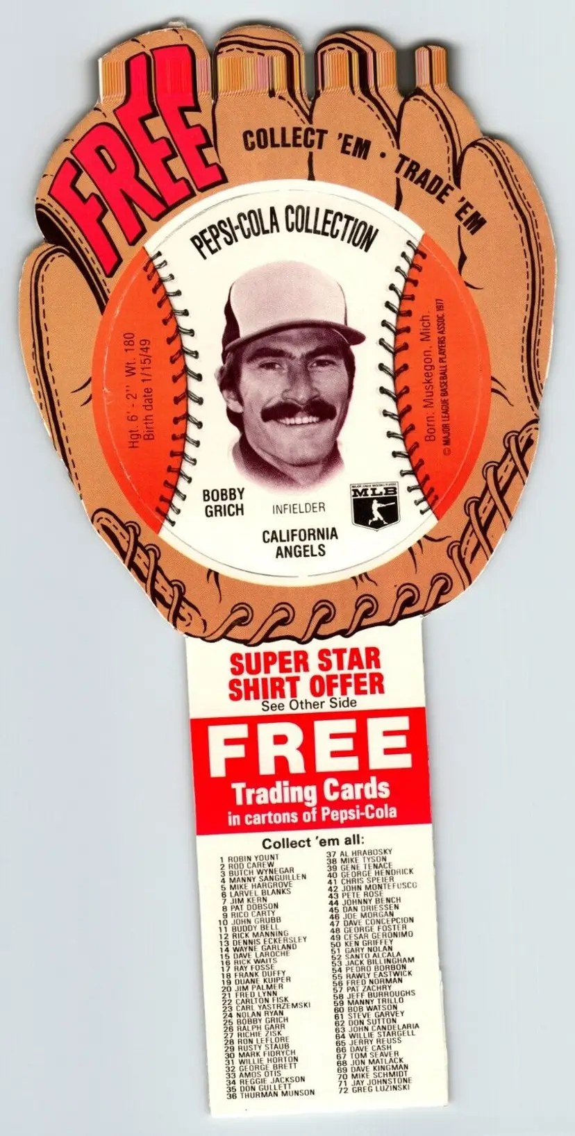 Pepsi-Cola Baseball Trading Card 1977 Bobby Grich California Angels MLB Diecut