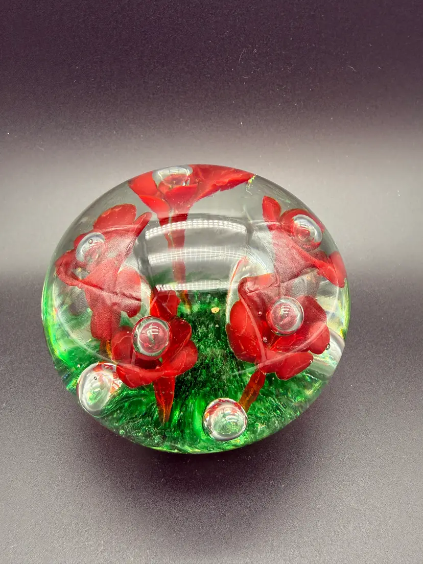 Signed Joe St Clair UV Reactive Paperweight with 5 red flowers