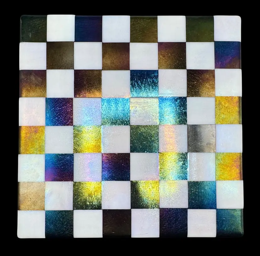 Signed Berry Studio Art Glass Chessboard Checkered Platter Tray Iridescent 12”