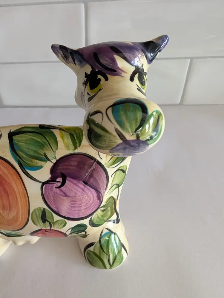Vintage Anatoly Turov hand painted 6 inch cow with colorful fruit design