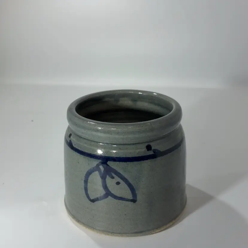 Blue Leaf Signed Studio Pottery Vase Planter Dish