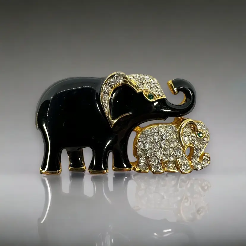Elephant Brooch Pin VTG Estate 90s Rhinestone Black Enamel Mom Baby Signed Craft