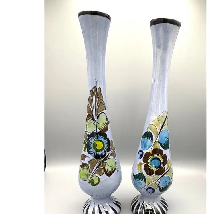 Pair of Large 14" Hand Painted Tonala Mexico Ceramic Vases w/ Floral Motif