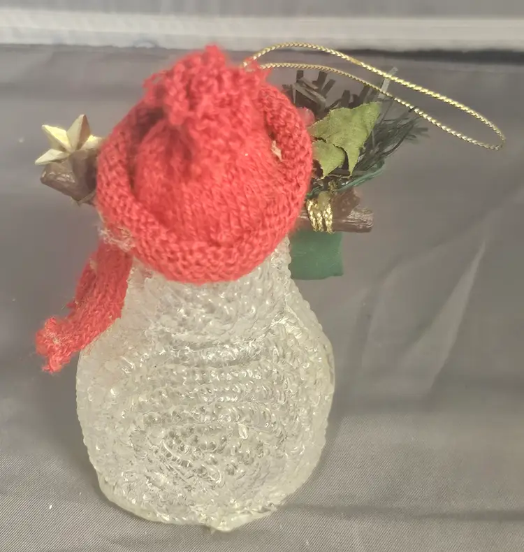 Clear Avon Acrylic Popcorn Snowman + Red Knitted Hat & Scarf & Green Bag VTG